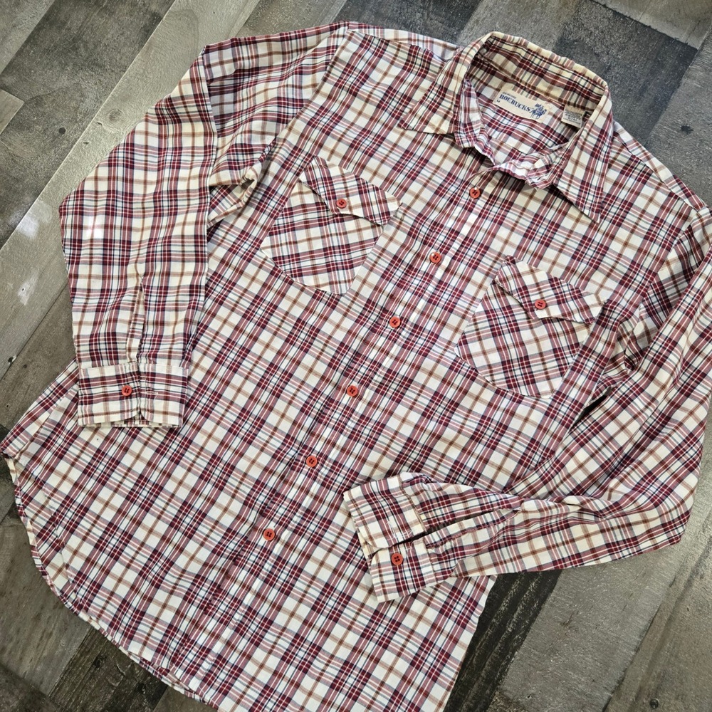 Vintage 70s Roebuck Mens Plaid Western Button Down Shirt Red Tan Size M R62077‎
